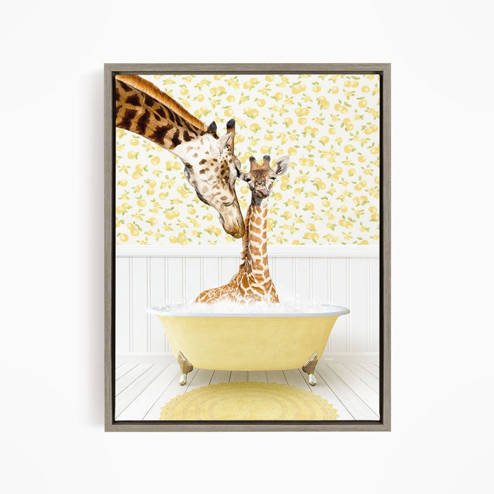 A giraffe and a baby giraffe are sitting in a yellow bathtub, with the baby giraffe looking up at the adult giraffe.