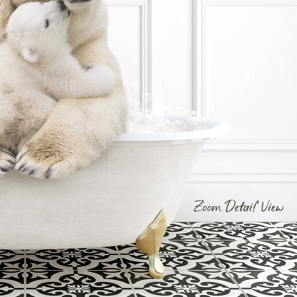 A polar bear sitting in a bathtub, with bubbles around it, and a black and white patterned floor in the background.
