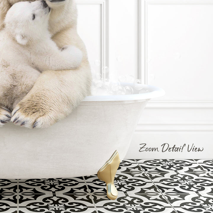 A polar bear sitting in a bathtub, with bubbles around it, and a black and white patterned floor in the background.