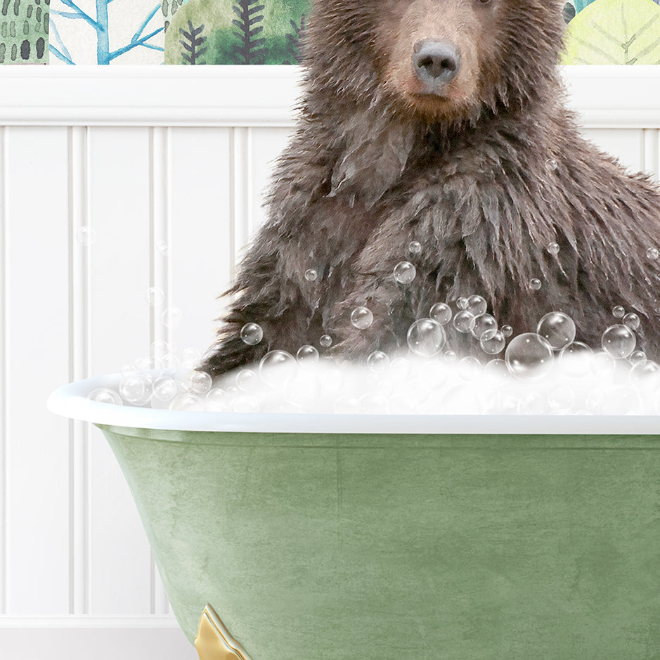 a brown bear sitting in a bathtub filled with bubbles