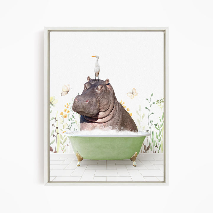 A hippopotamus sitting in a green bathtub, with a bird perched on its head.