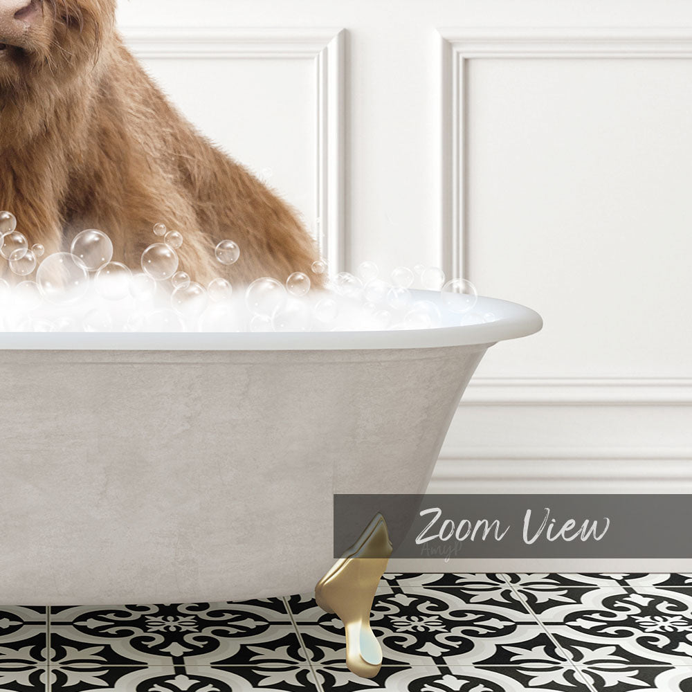 A close-up of a dog's head in a bathtub filled with bubbles, with a text overlay that reads "Zoom View".