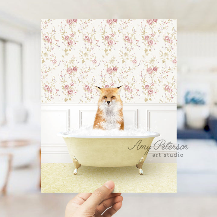 a person holding up a card with a picture of a dog in a bathtub