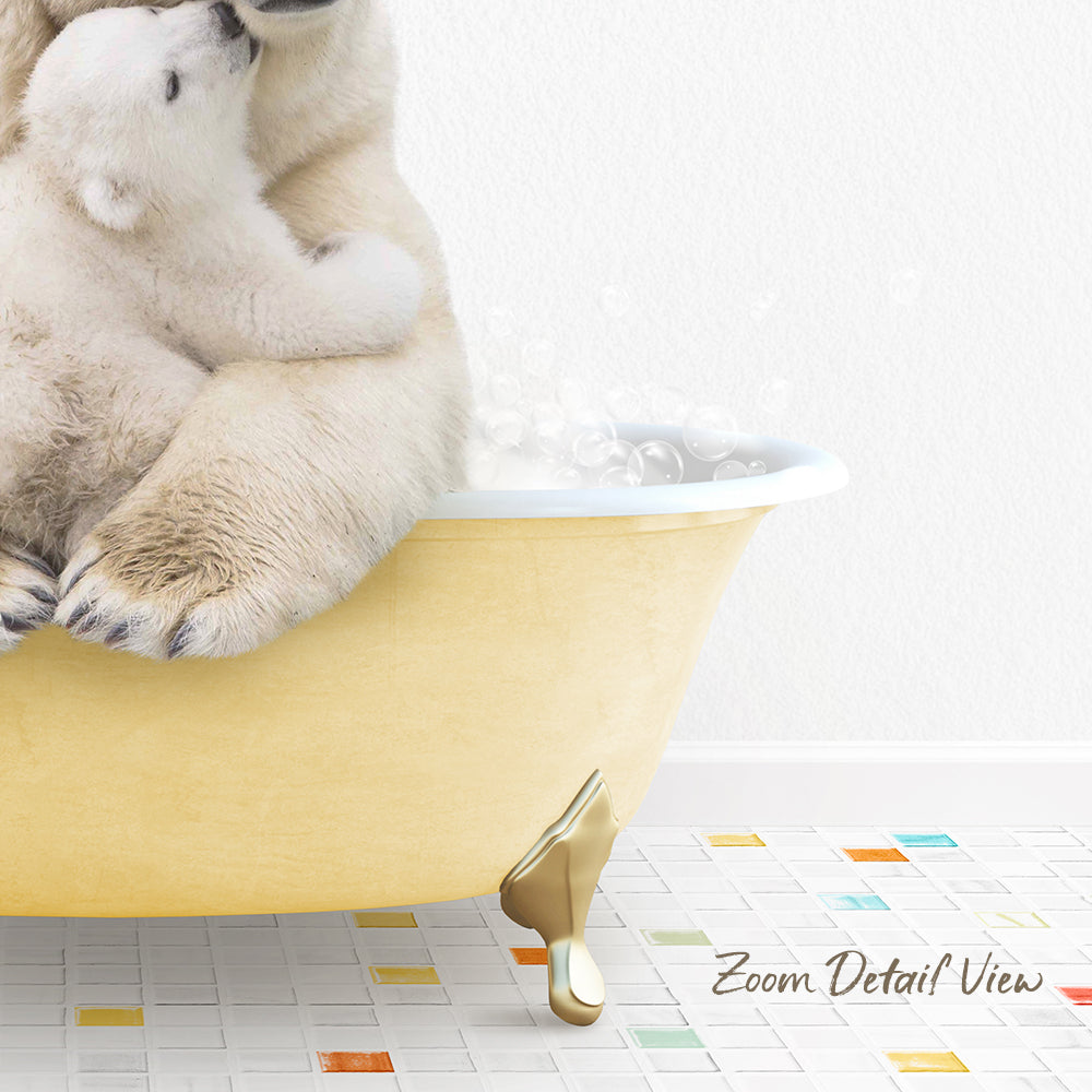 A polar bear sitting in a yellow bathtub, with bubbles around it, and a colorful tiled floor in the foreground.