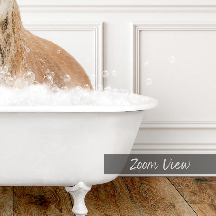 A dog is taking a bath in a white bathtub, surrounded by bubbles, with a wooden floor in the background.