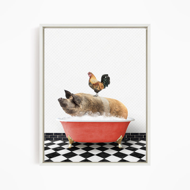 A rooster sits atop a pig in a red bathtub, both appearing to enjoy a relaxing bath on a black and white checkered floor.