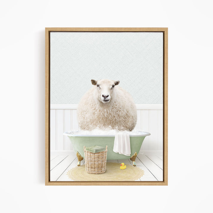 A fluffy white sheep sits in a green bathtub filled with bubbles, surrounded by a basket of bath toys and a yellow rubber duck.