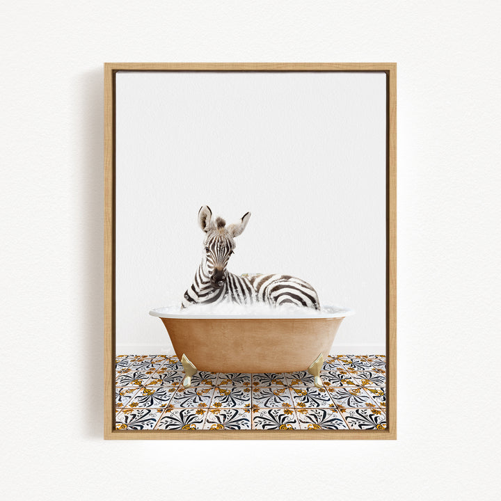A zebra is sitting in a bathtub filled with water, surrounded by a patterned tile floor.