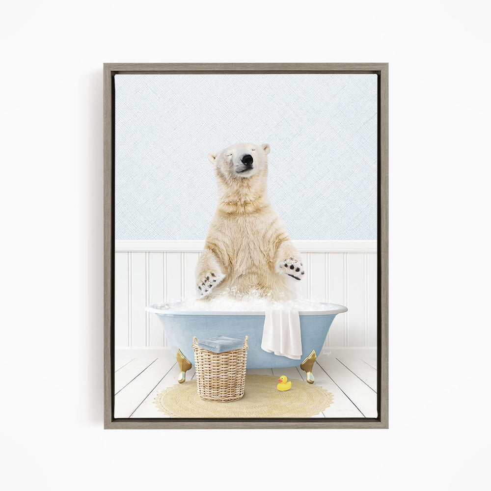 A polar bear standing in a bathtub filled with water, surrounded by rubber ducks and a towel.