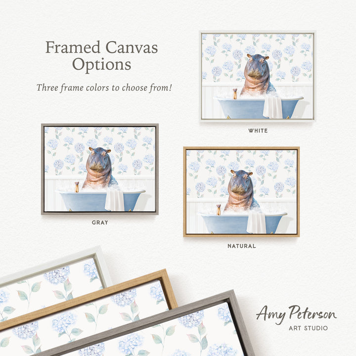 The image is a framed canvas with three different color options for a painting of a hippopotamus in a bathtub. The options are "White", "Grays", and "Natural".