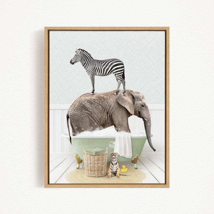 A zebra stands on the back of an elephant, which is submerged in a bathtub filled with bubbles, while a tiger sits nearby.