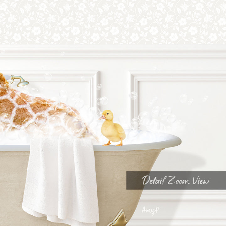 A giraffe is taking a bath in a bathtub, with a small yellow duck standing on the edge of the tub.