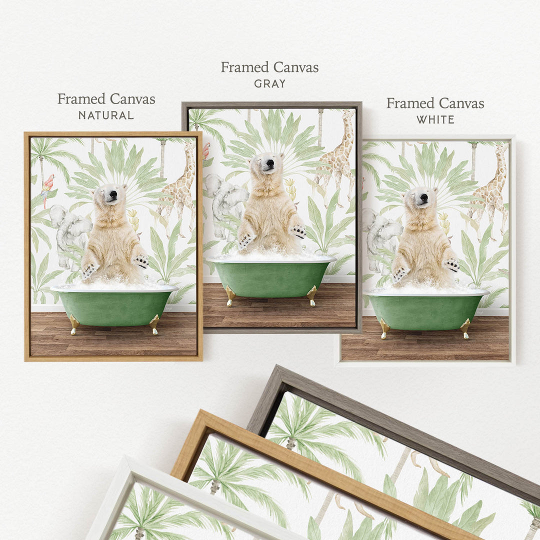 a framed canvas with a polar bear sitting in a green bathtub, surrounded by tropical plants.