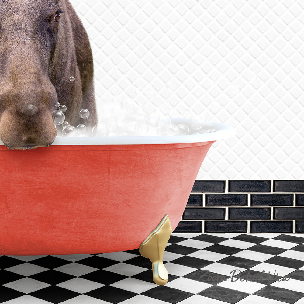A brown dog is standing in a red bathtub filled with water, surrounded by a black and white checkered floor.
