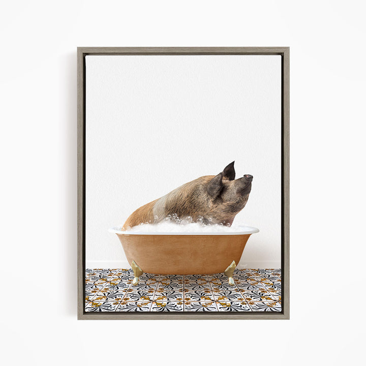A pig sitting in a bathtub filled with water, looking up at the camera.