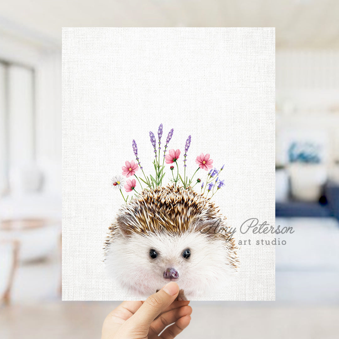 a hedgehog with a flower crown on it's head