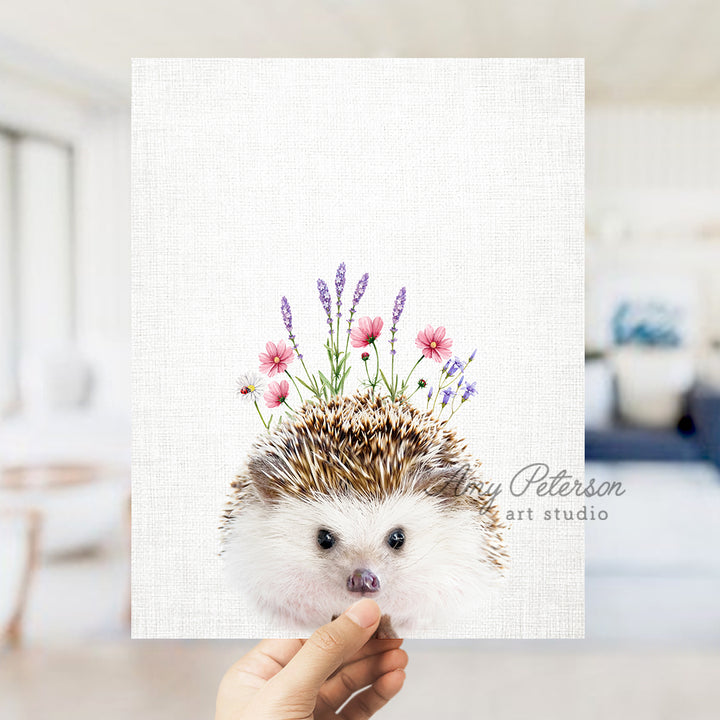 a hedgehog with a flower crown on it's head