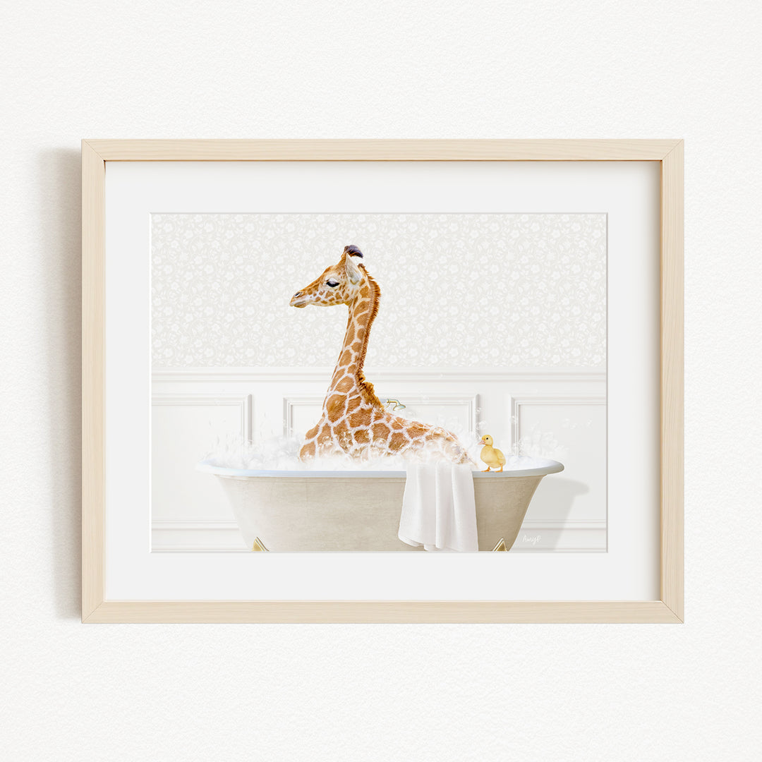 A giraffe sitting in a bathtub filled with water, accompanied by a small yellow duck.