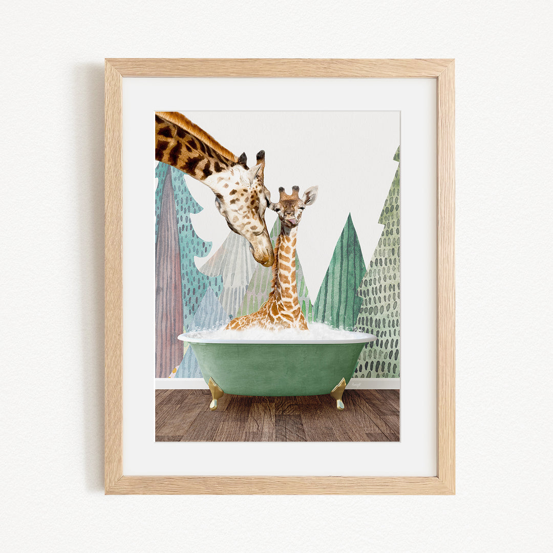 A mother giraffe and her baby giraffe are enjoying a bath together in a green bathtub, surrounded by a forest-themed background.
