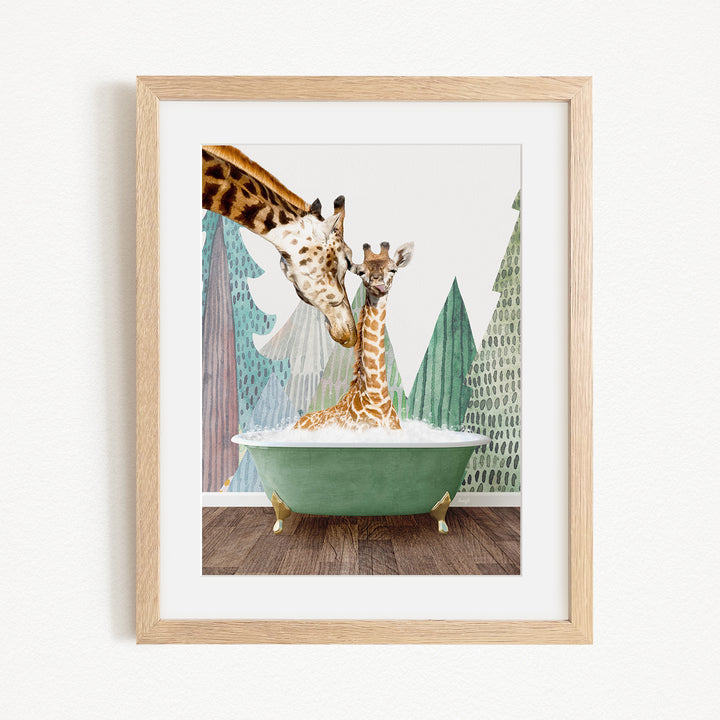 A mother giraffe and her baby giraffe are enjoying a bath together in a green bathtub, surrounded by a forest-themed background.