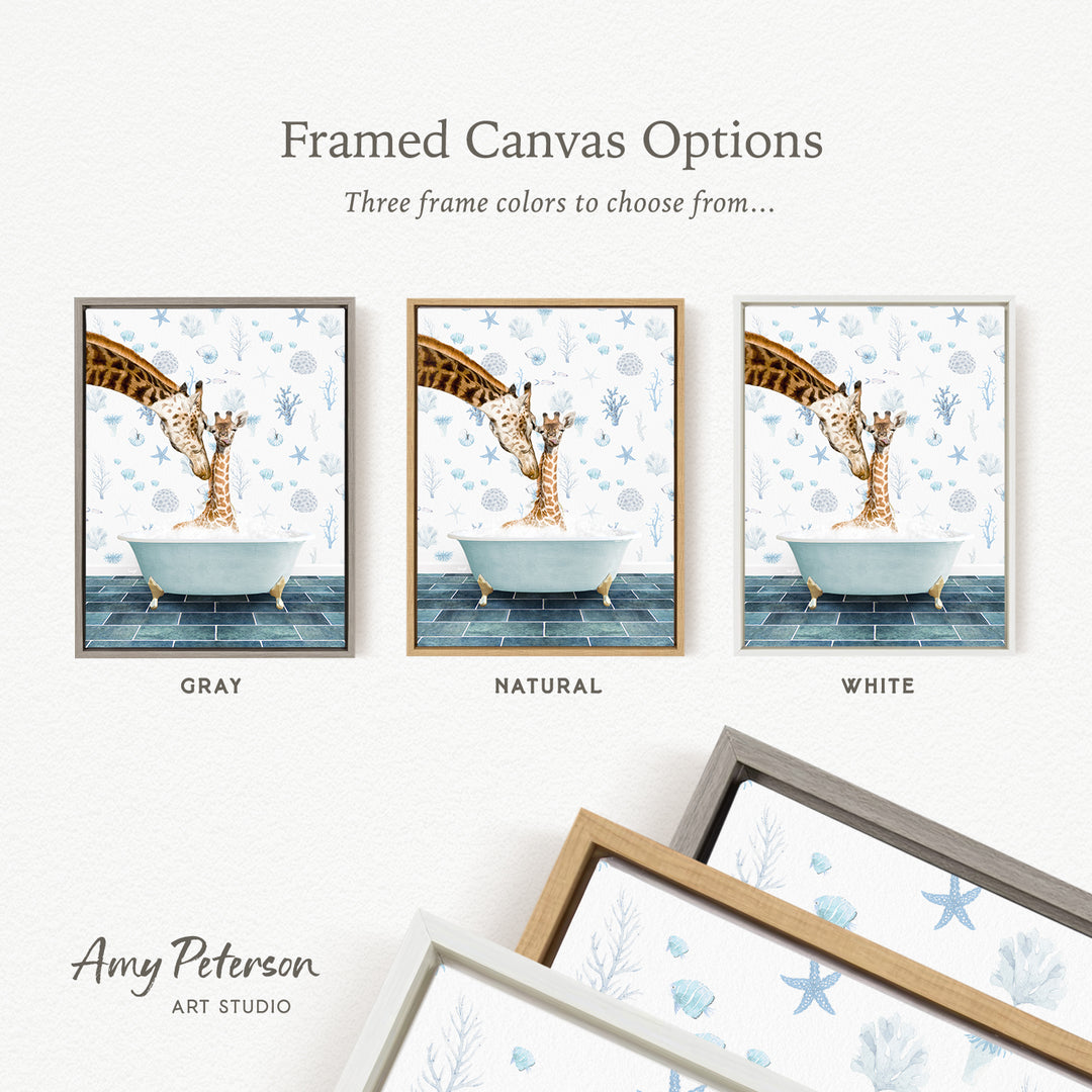 three framed canvas options featuring a giraffe in a bathtub, with each option having a different frame color: gray, natural, and white.