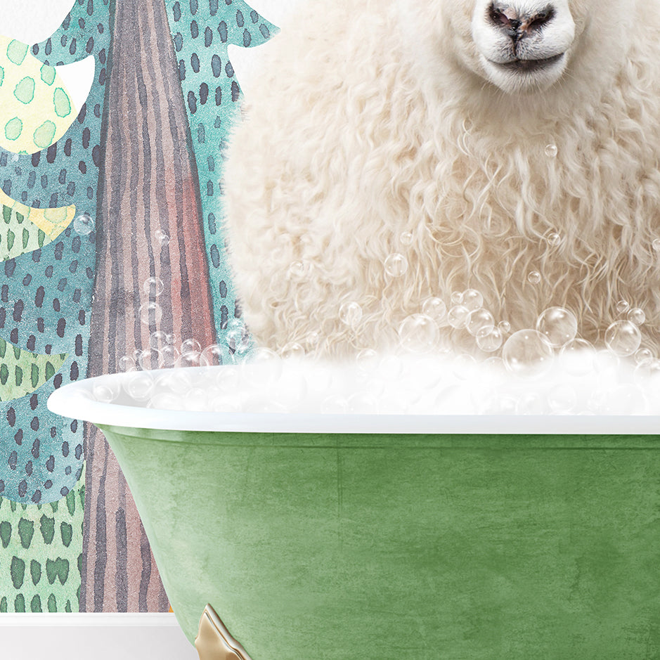 a white sheep sitting in a green bath tub