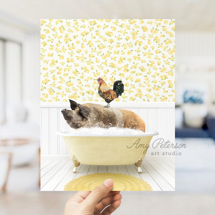 a dog taking a bath in a bathtub with a chicken on top of it