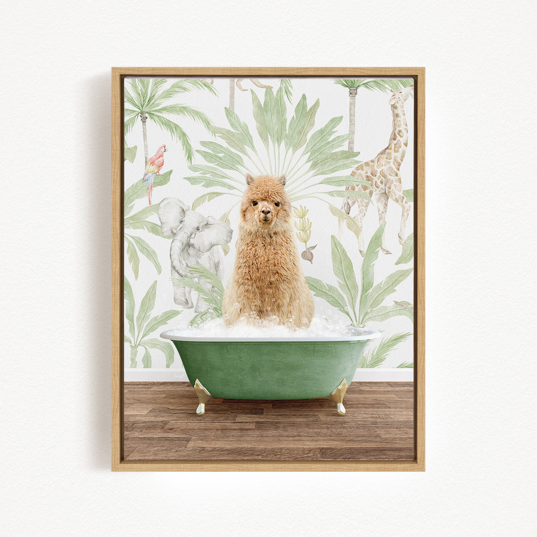 A small dog is sitting in a green bathtub filled with water, surrounded by tropical plants and animals, such as a giraffe and a parrot.