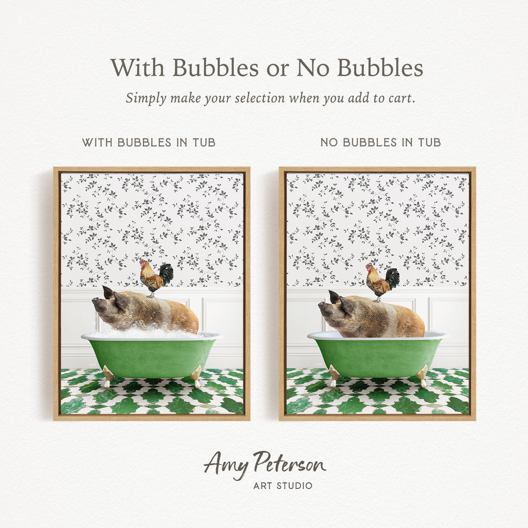 The image is a collage of two pictures, each featuring a pig sitting in a green tub with bubbles and a rooster sitting on the edge of the tub. The text above the images reads "With Bubbles or No Bubbles Simply make your selection when you add to cart."