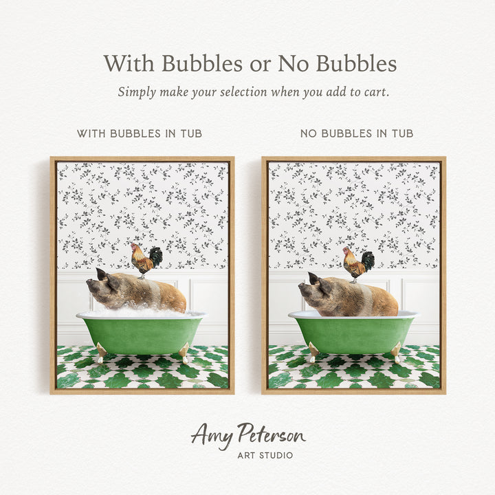 The image is a collage of two pictures, each featuring a pig sitting in a green tub with bubbles and a rooster sitting on the edge of the tub. The text above the images reads "With Bubbles or No Bubbles Simply make your selection when you add to cart."