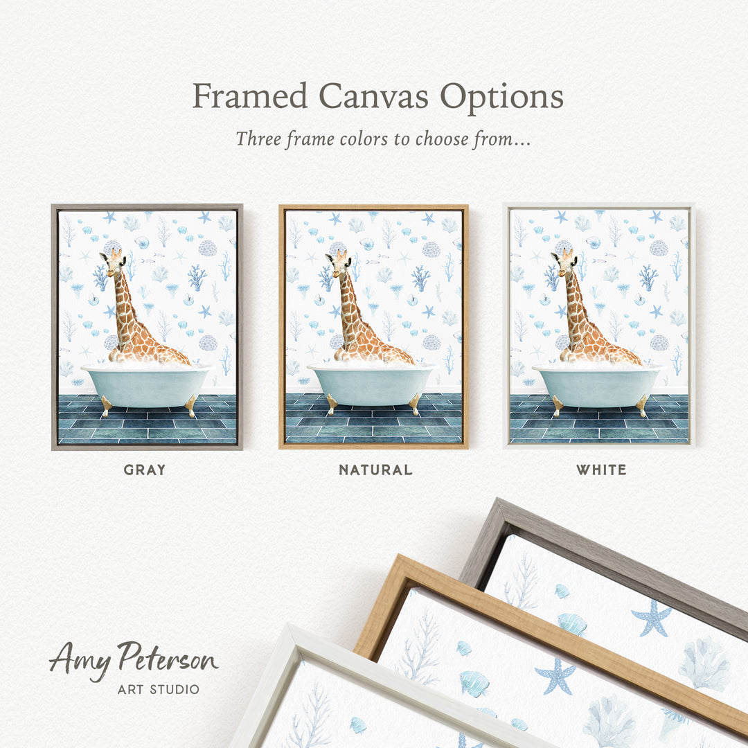 three framed canvas options featuring a giraffe in a bathtub, each with a different frame color: gray, natural, and white.