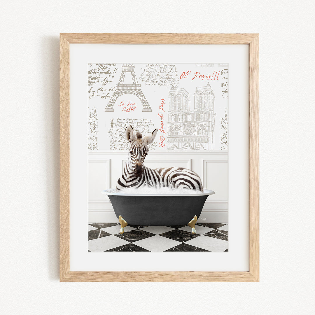 A zebra is sitting in a bathtub, surrounded by various Paris-themed illustrations, including the Eiffel Tower and other iconic landmarks.