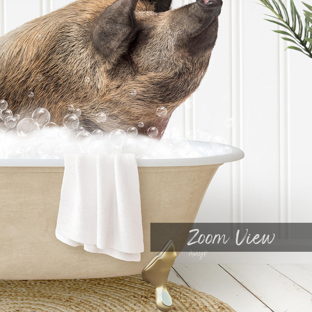 A pig sitting in a bathtub filled with bubbles, with a towel hanging on the side and a plant visible in the background.