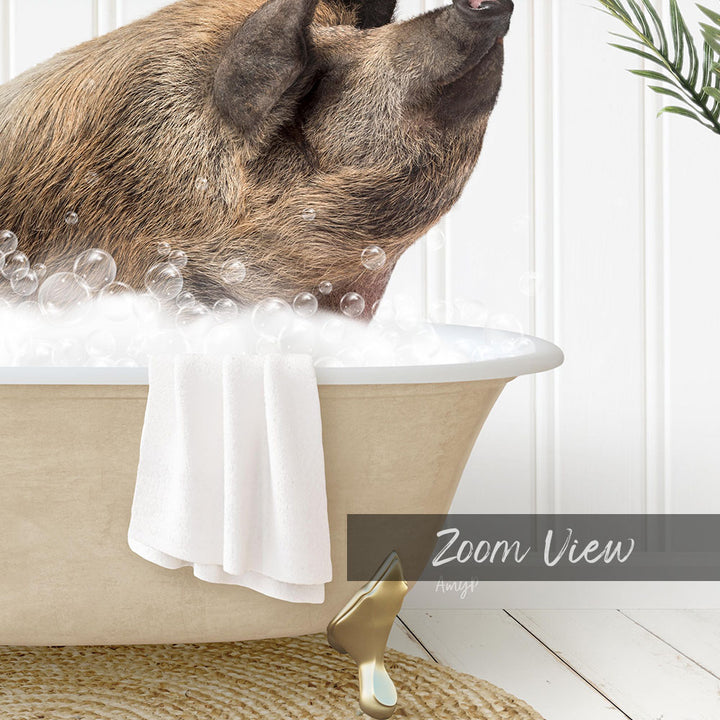 A pig sitting in a bathtub filled with bubbles, with a towel hanging on the side and a plant visible in the background.
