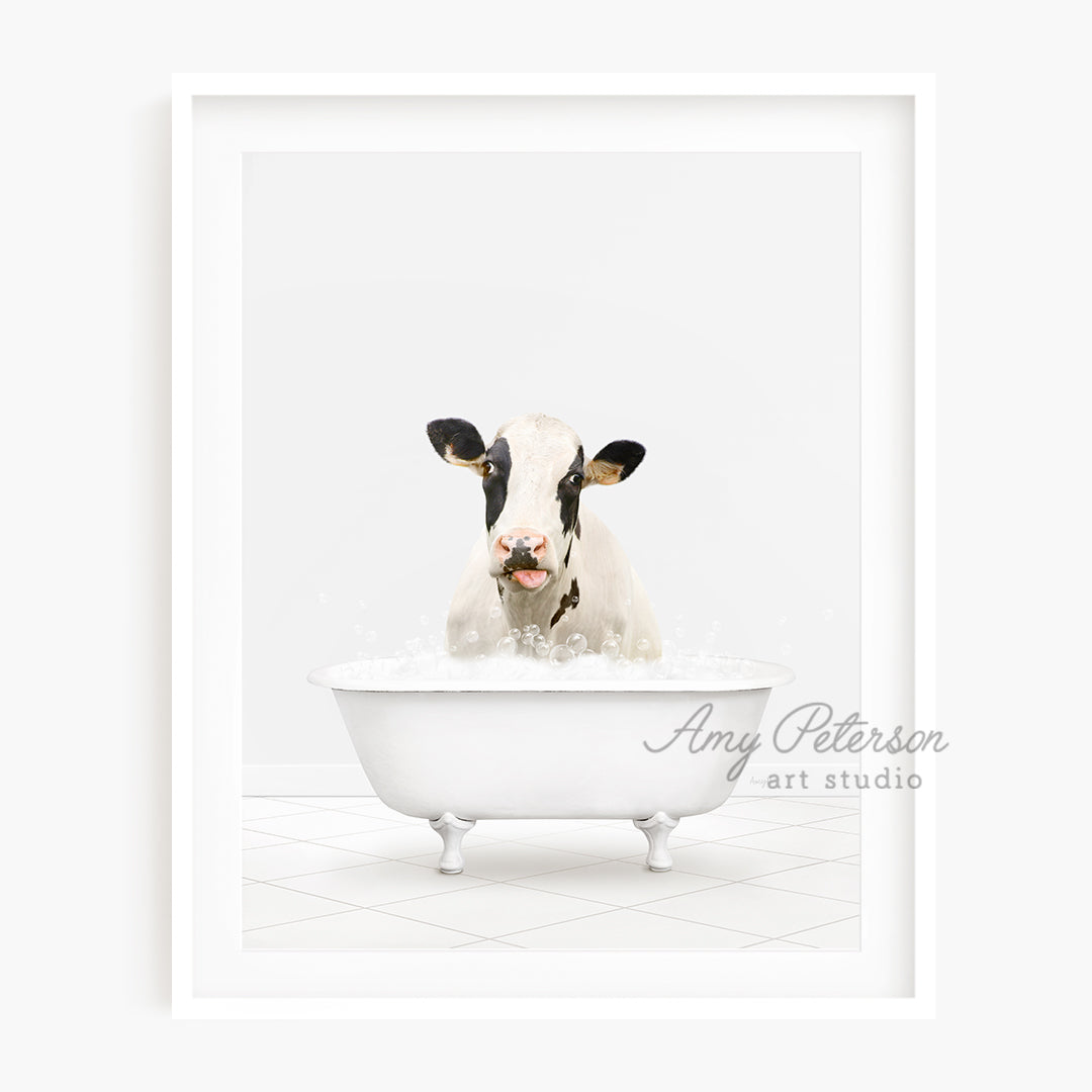 a cow sticking its head out of a bathtub