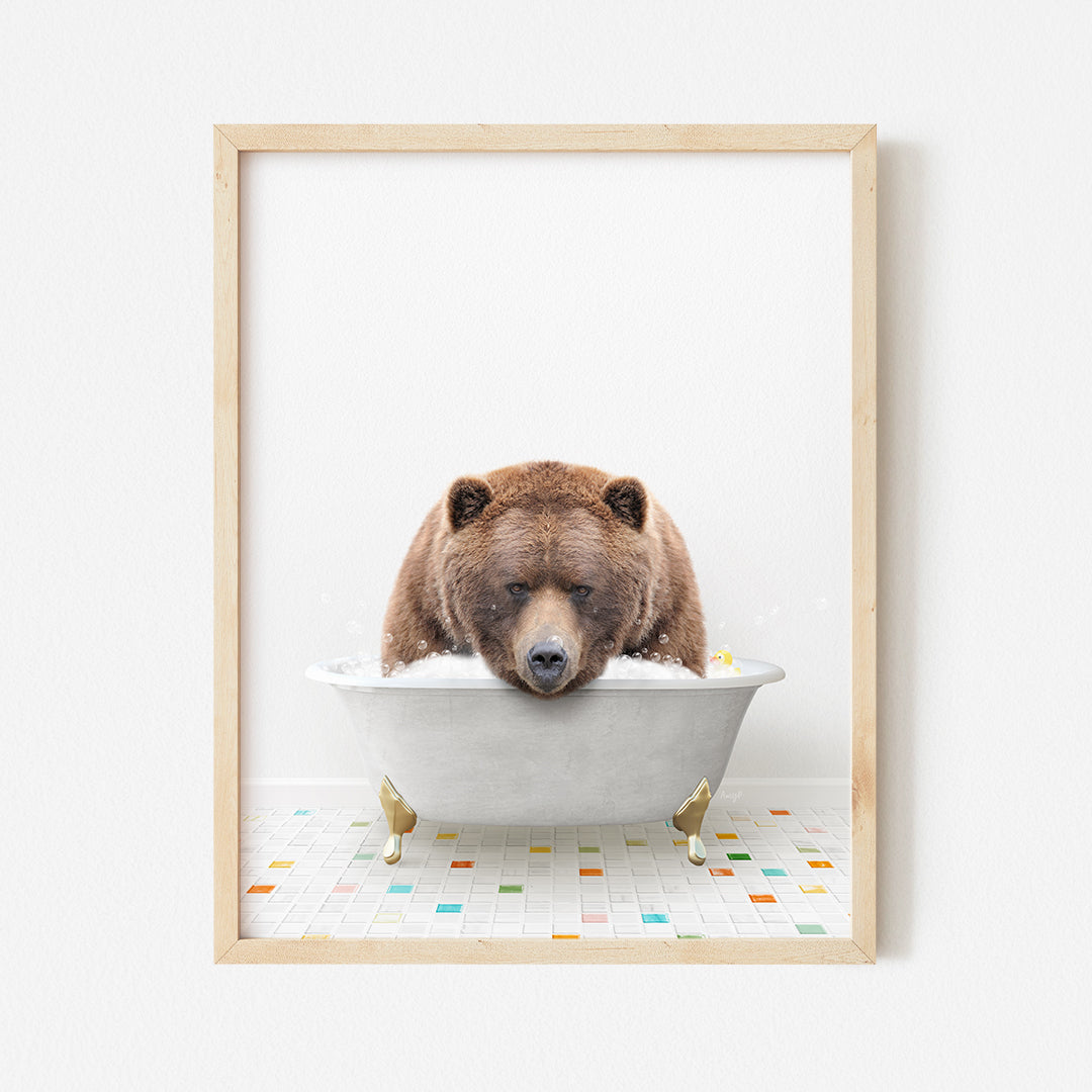 a picture of a bear taking a bath in a bathtub