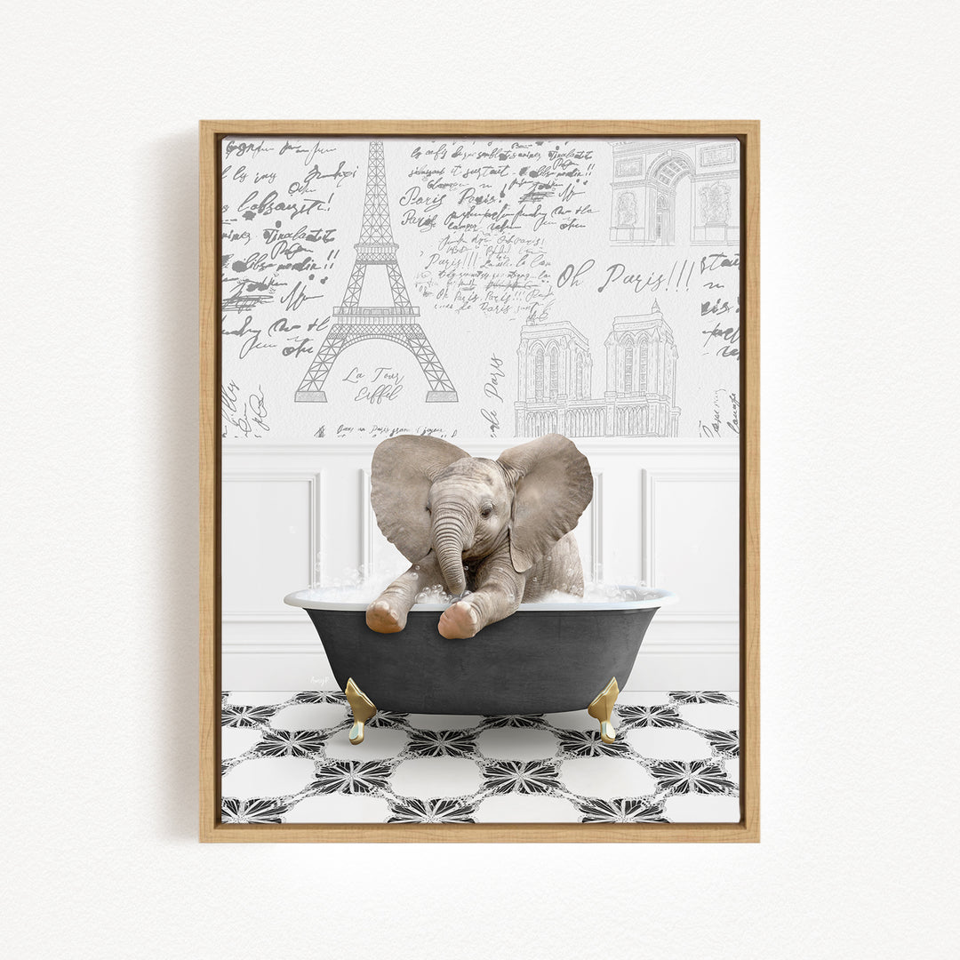 A baby elephant sitting in a bathtub, surrounded by various architectural drawings and text, creating a whimsical and artistic scene.