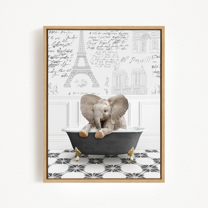 A baby elephant sitting in a bathtub, surrounded by various architectural drawings and text, creating a whimsical and artistic scene.