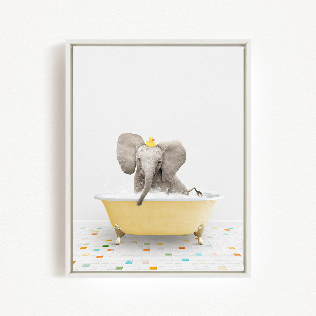 A baby elephant sitting in a yellow bathtub, with a rubber duck on its head, enjoying a bath.