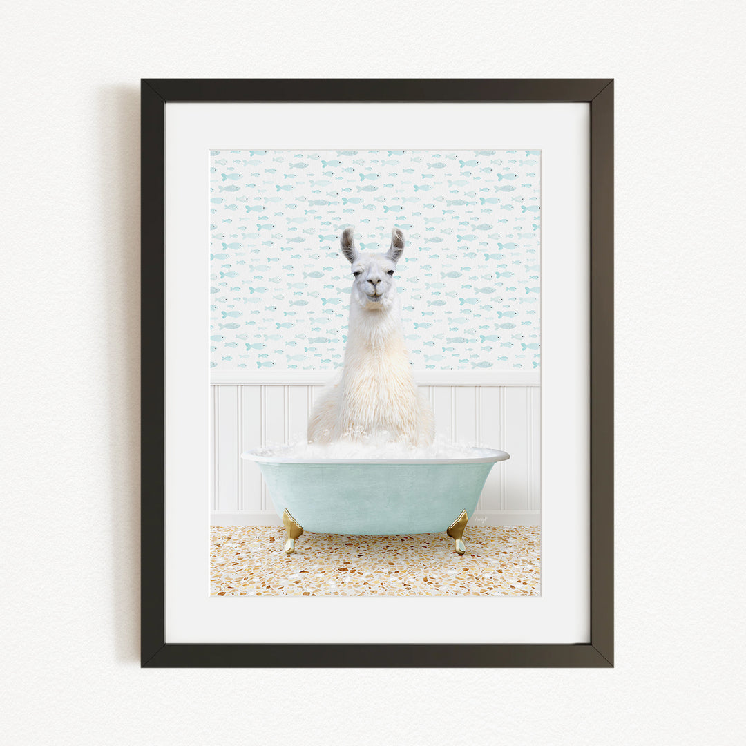 A white llama sitting in a blue bathtub filled with bubbles, with a patterned wall behind it.