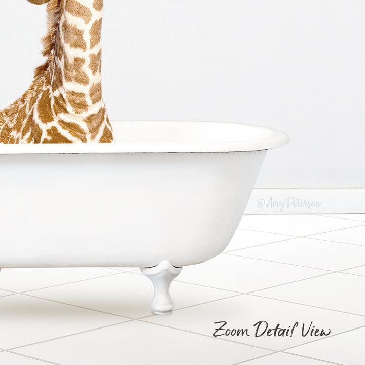 A giraffe standing in a white bathtub on a tiled floor.