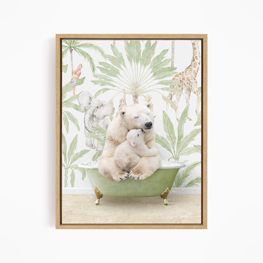 A polar bear is sitting in a bathtub, surrounded by a giraffe, an elephant, and other animals, all against a tropical wallpaper background.