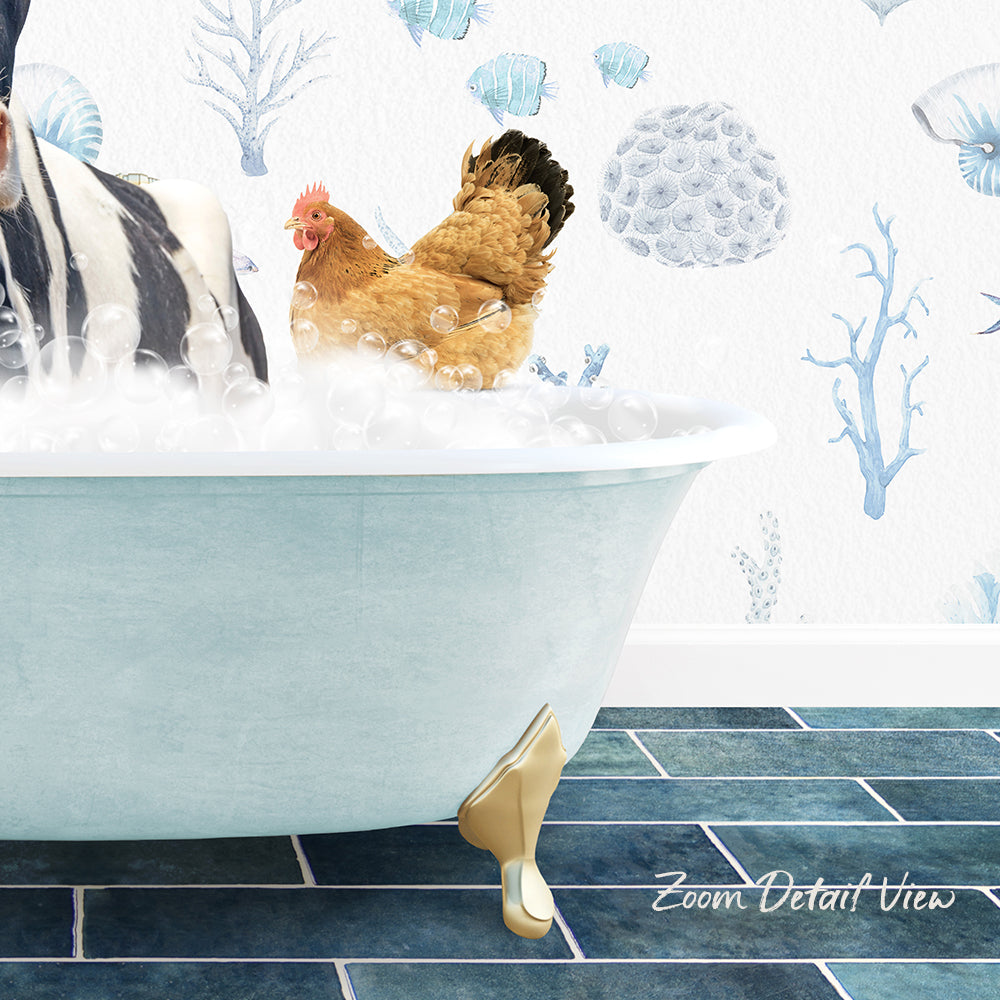 A chicken standing in a bathtub filled with bubbles, with a coral and fish mural on the wall behind it.