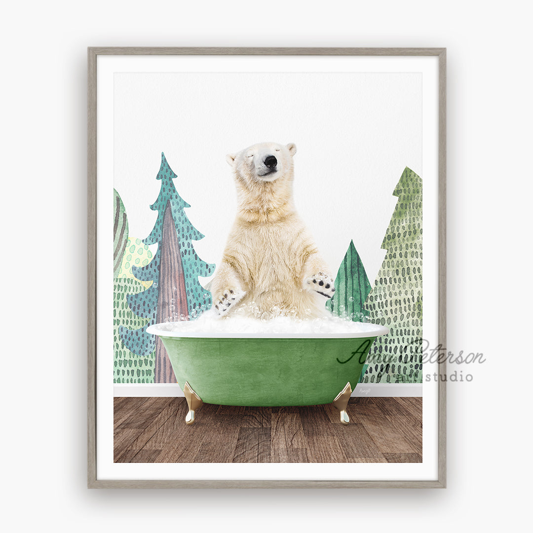 a polar bear sitting in a green bath tub