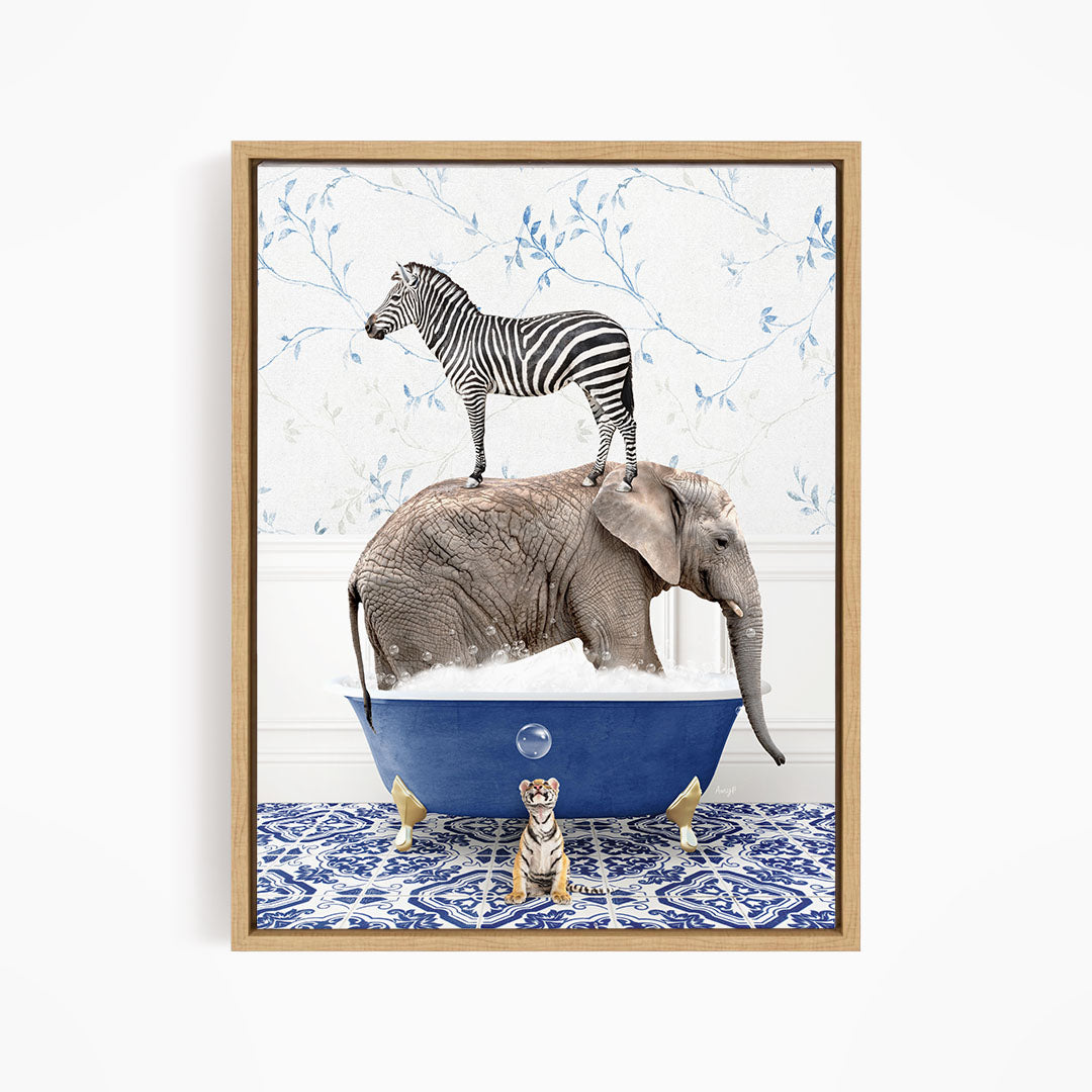 A zebra stands on the back of an elephant, which is submerged in a blue bathtub, with a tiger sitting on the edge of the tub.