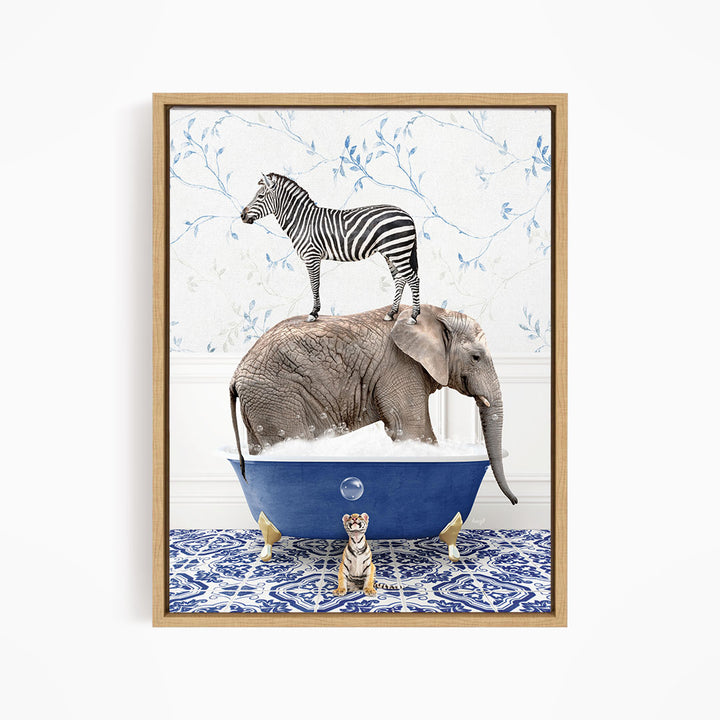 A zebra stands on the back of an elephant, which is submerged in a blue bathtub, with a tiger sitting on the edge of the tub.