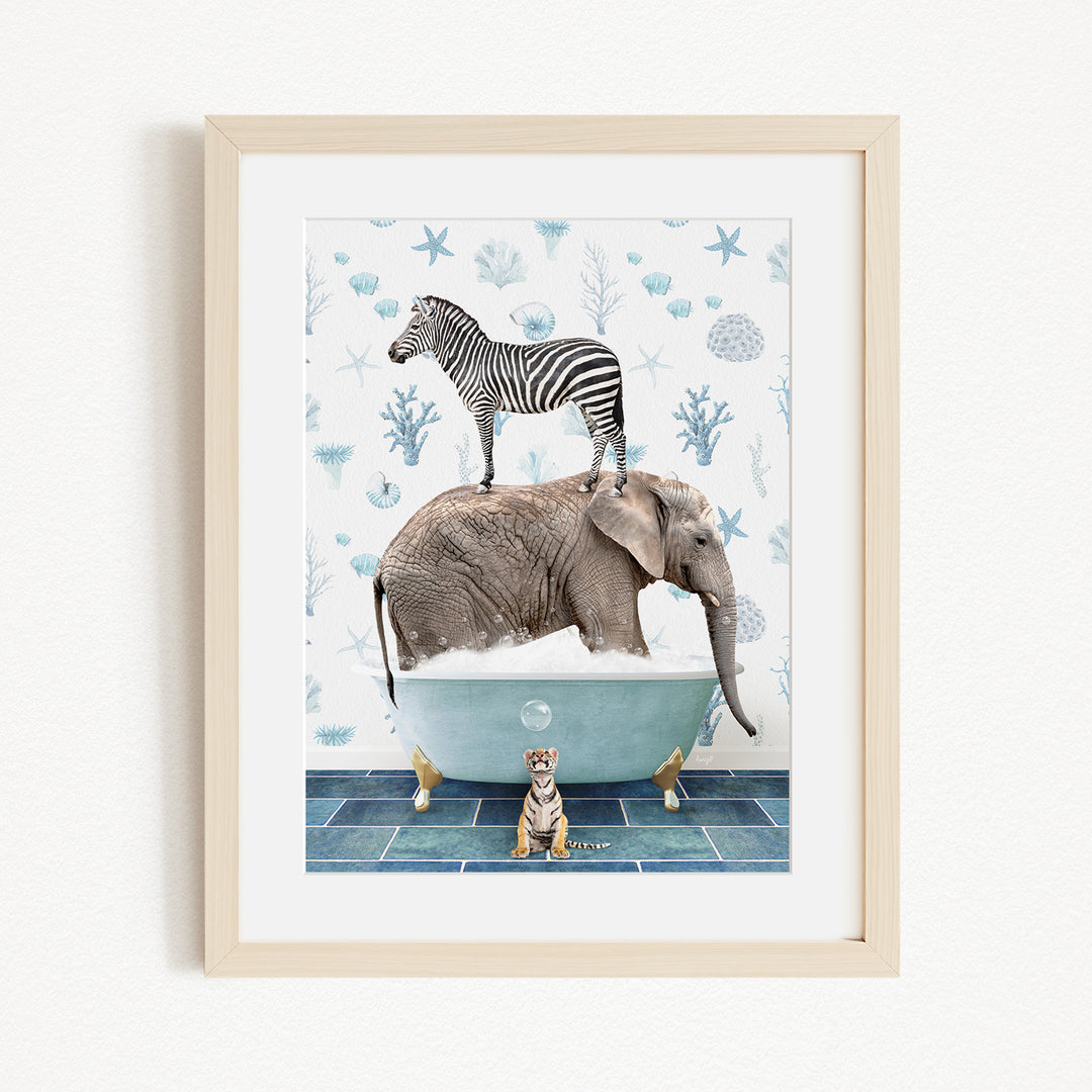 A framed collage depicting a zebra standing on an elephant's back, with a tiger sitting on the elephant's feet, all in a bathtub filled with bubbles.