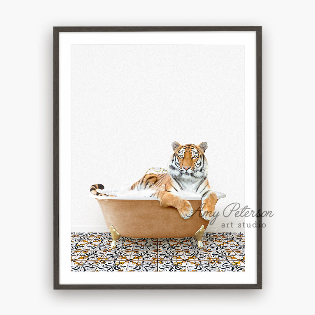 a picture of a tiger sitting in a bathtub