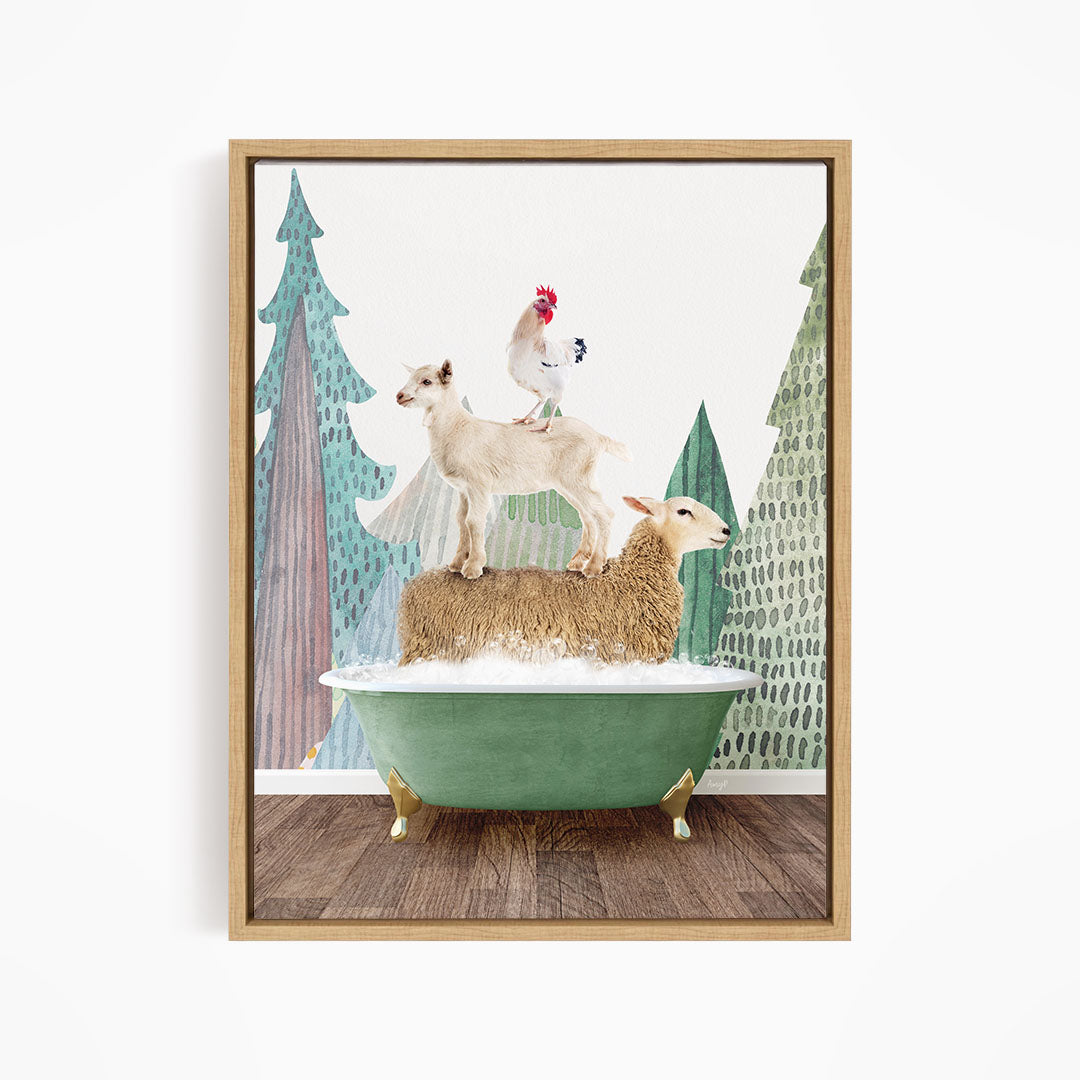 A framed image depicting a sheep standing on a bathtub, with a chicken perched on top, against a backdrop of trees.