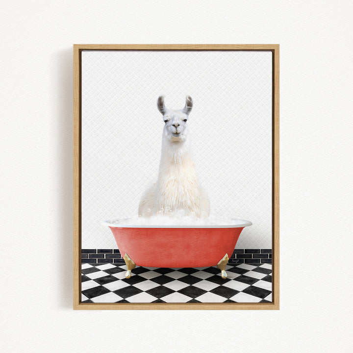 A white llama sitting in a red bathtub filled with water, with a black and white checkered floor in the background.